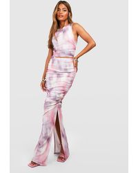 Boohoo - Mesh Blurred Abstract Bandeau & Ruched Split Maxi Skirt - Lyst
