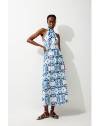 Karen Millen - Abstract Tile Georgette Belted Pleated Woven Midi Dress - Lyst