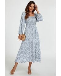 FS Collection - Print Square Neck Midi Dress With Long Sleeves - Lyst