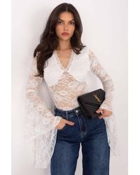 Love Lace - Elegant Lace Blouse Slip On V Neck Flared Sleeves - Lyst