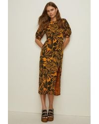 Oasis - Textured Palm Printed Puff Sleeve Midi Dress - Lyst