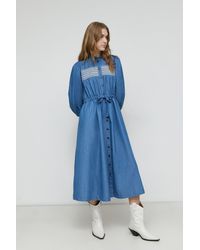 Warehouse - Denim Shirred Embroidery Detail Midi Dress - Lyst