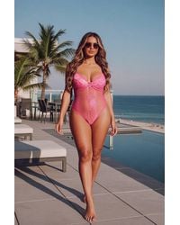 Femme Luxe - Stripped Lace Cup Detail Strappy Plunge Bodysuit - Lyst