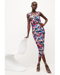 Karen Millen - Bird Print Ruched Jersey Wrap Midi Dress - Lyst
