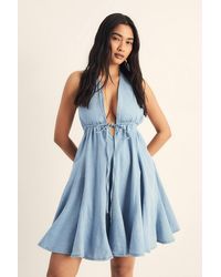 Nasty Gal - Chambray Lace Trim Tie Waist Romper - Lyst