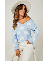 FS Collection - Relaxed Comfy White V Neck Heart Pattern Jumper Top In Baby Blue - Lyst
