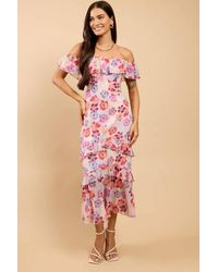 Little Mistress - Floral Print Ruffle Bardot Midaxi Dress - Lyst