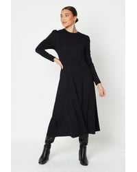 Dorothy Perkins - Petite Black Ruched Sleeve High Neck Fit And Flare Midi - Lyst