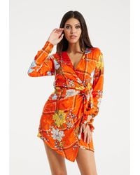 Liquorish - Checked Floral Print Mini Wrap Dress - Lyst