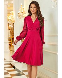 FS Collection - Long Chiffon Sleeve Pleated Midi Dress In Wine - Lyst