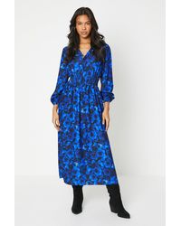 Dorothy Perkins - Tall Blue Floral Shirred Waist Midi Dress - Lyst