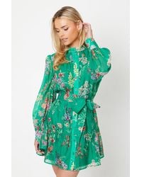 Oasis - Petite Green Floral Organza Mini Shirt Dress - Lyst