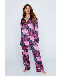 Nasty Gal - Satin Butterfly Print Oversized Pajama Pants Set - Lyst