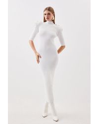 Karen Millen - Tall Viscose Blend Rib Knit Power Shoulder Military Trim Maxi Dress - Lyst