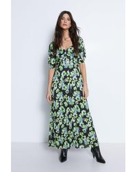 Warehouse - Floral Printed Ruched Sleeve Pleated Midi Dress - Lyst
