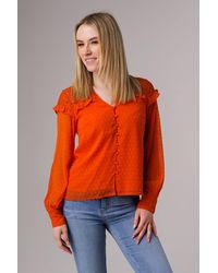 Influence - Lace Semi-Sheer Long Sleeve Ruffled V-Neck Blouse - Lyst