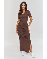 KDMD - Maxi Ruched Side Slit V Neck Elastic Dress - Lyst