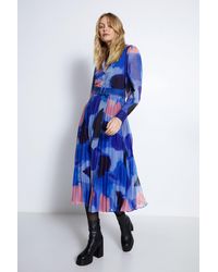 Warehouse - Abstract Revere Collar Belted Pleat Chiffon Midi Dress - Lyst