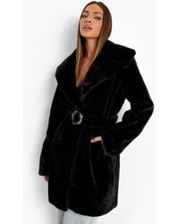 Boohoo - Buckle Detail Belted Faux Fur Coat - Lyst