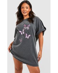 Boohoo - Plus Butterfly Acid Wash T-shirt Dress - Lyst
