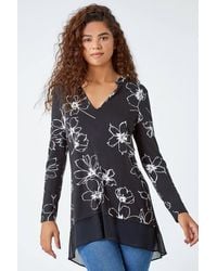 Roman - Floral Print Chiffon Hem Stretch Top - Lyst