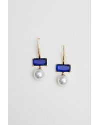 Mood - Gold Blue Baguette And Pearl Drop Earrings - Lyst