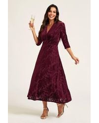 FS Collection - Floral Velvet Devore Wrap Neck 3/4 Sleeve Midi Dress - Lyst