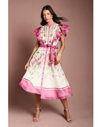 Coast - Ruffle Shoulder Floral Midi Dress - Lyst