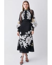 Karen Millen - Organdie Applique Buttoned Woven Midi Dress - Lyst