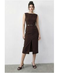 Bianco Lucci - Belted Midi Pencil Dress With Boat Neck - Lyst