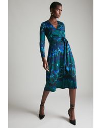 Karen Millen - Printed Self Belt Jersey Wrap Front Midi Dress - Lyst