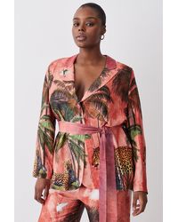 Karen Millen - Plus Size Satin Palm Print Belted Woven Jacket - Lyst