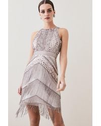 Karen Millen - Petite Embellished Halter Fringed Mini Dress - Lyst