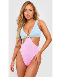 Boohoo - Shell Colour Block Crinkle Cut Out Bathing Suit - Lyst