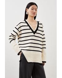 Karen Millen - Cotton Knit Nautical V Neck Boxy Stripe Jumper - Lyst
