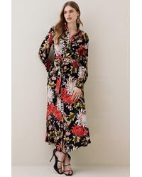 Karen Millen - Tall Floral Belted Woven Midi Shirt Dress - Lyst