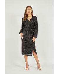 Yumi' - Black Sequin Ruched Wrap Long Sleeve Dress - Lyst