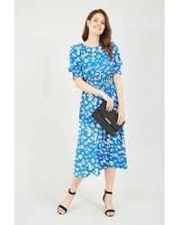 Yumi' - Blue Floral Puff Sleeve Ruched Waist Midi Dress - Lyst