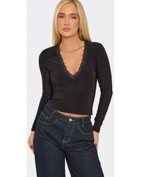 EGO - Long Sleeve Plunging Neckline Contrast Top - Lyst