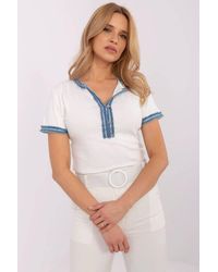 Love Lace - Fitted Cotton Elastane V Neck Denim Button Blouse - Lyst