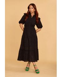 ANOTHER SUNDAY - Midi Shirt Dress With Puff Sleeves And Broderie Detail In Black - Lyst