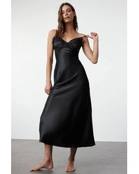 WOVCOR - Lace Trim V-Neck Satin Strappy Midi Nightdress - Lyst