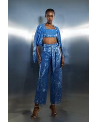 Karen Millen - Blue Sequin High Waisted Belted Woven Trouser - Lyst