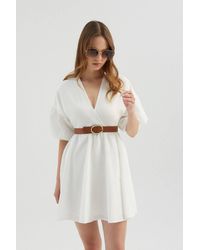 Hiccup - V Neck Puff Sleeves Mini Dress With A Belt Detail - Lyst