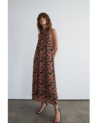 Warehouse - Floral Metallic Plisse Halter Midi Dress - Lyst