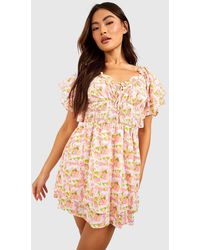 Boohoo - Floral Tie Front Shirred Skater Dress - Lyst