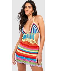 Boohoo - Multi Stripe Crochet Beach Mini Dress - Lyst