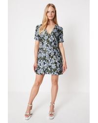 Oasis - Black Floral Jacquard Puff Sleeve Mini Dress - Lyst