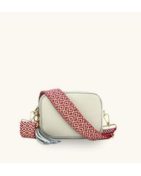 Apatchy London - Light Grey Leather Crossbody Bag With Red Cross-stitch Strap - Lyst