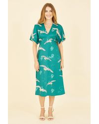 Yumi' - Green Crane Print Kimono Midi Dress - Lyst
